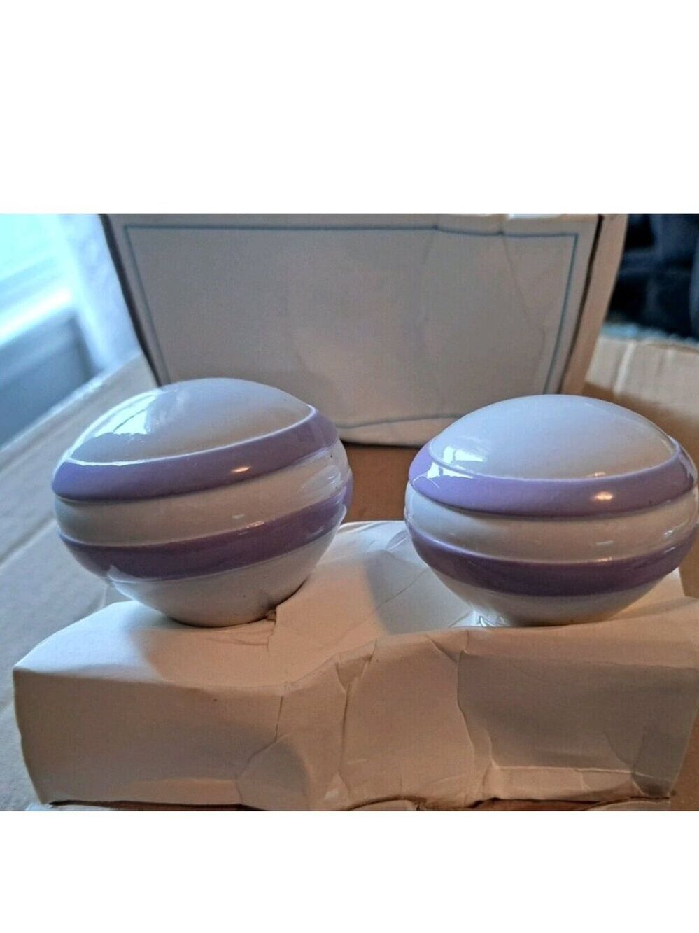 Pottery Barn Kids Simple Stripe Harper Curtain rod Finials Purple white glossy